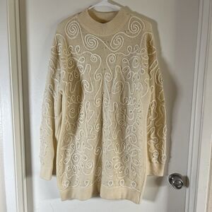 VTG fully fashion Angora Lambswool Knit  Sweater Ivory Size S Fit L Beaded